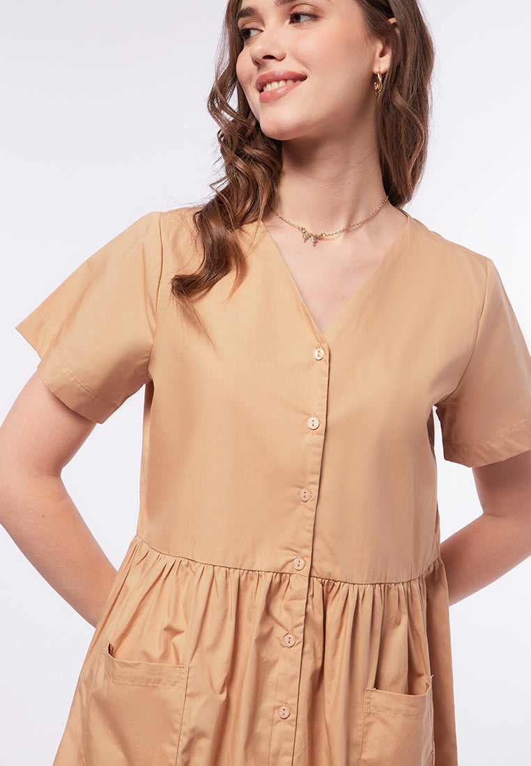 V-Neck Midi Dress with Patch Pocket