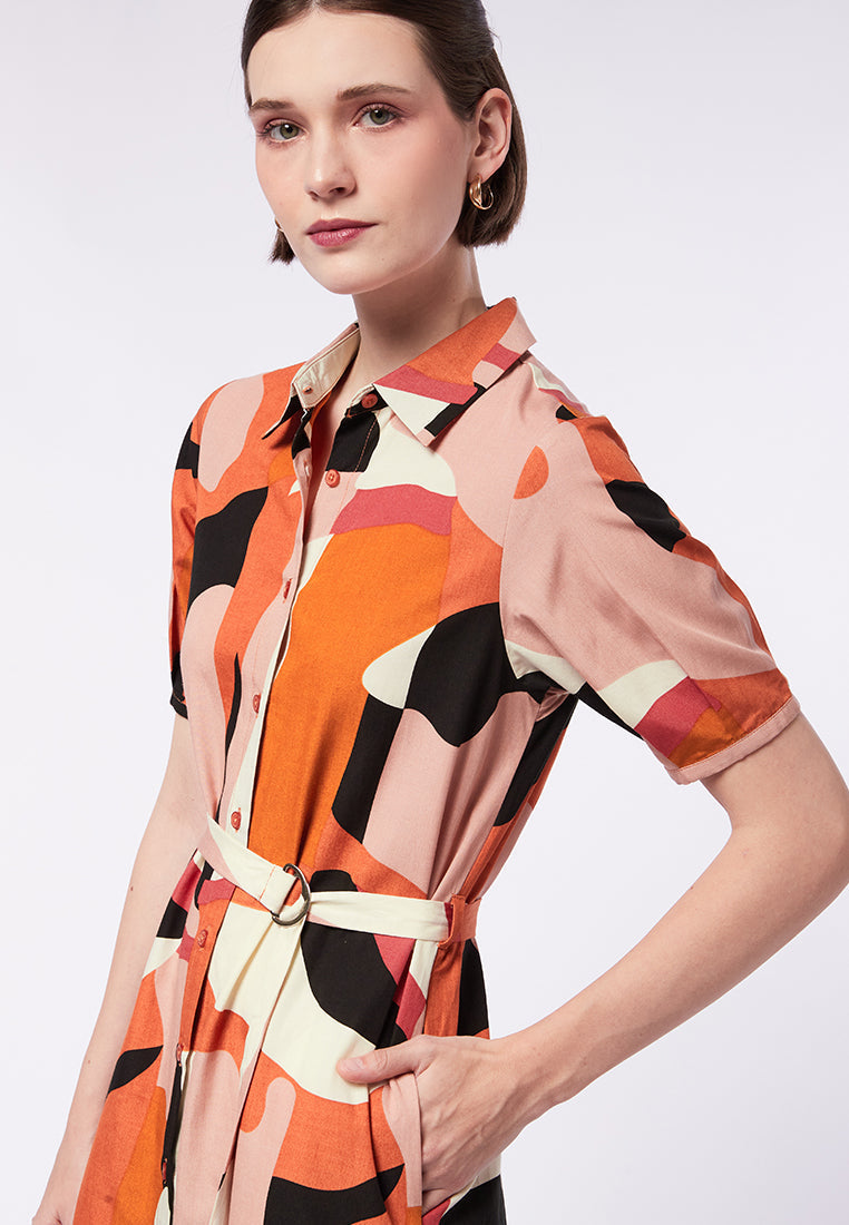 Midi Shirt Dress with Pleated Sleeves