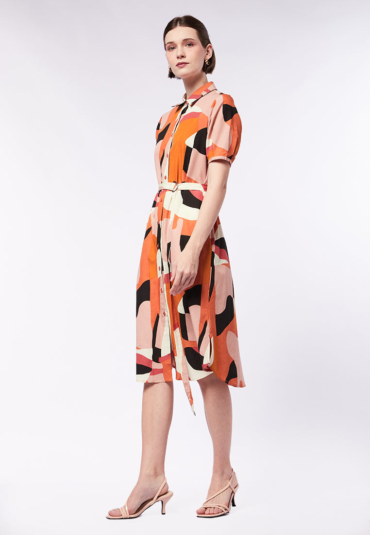 Midi Shirt Dress with Pleated Sleeves