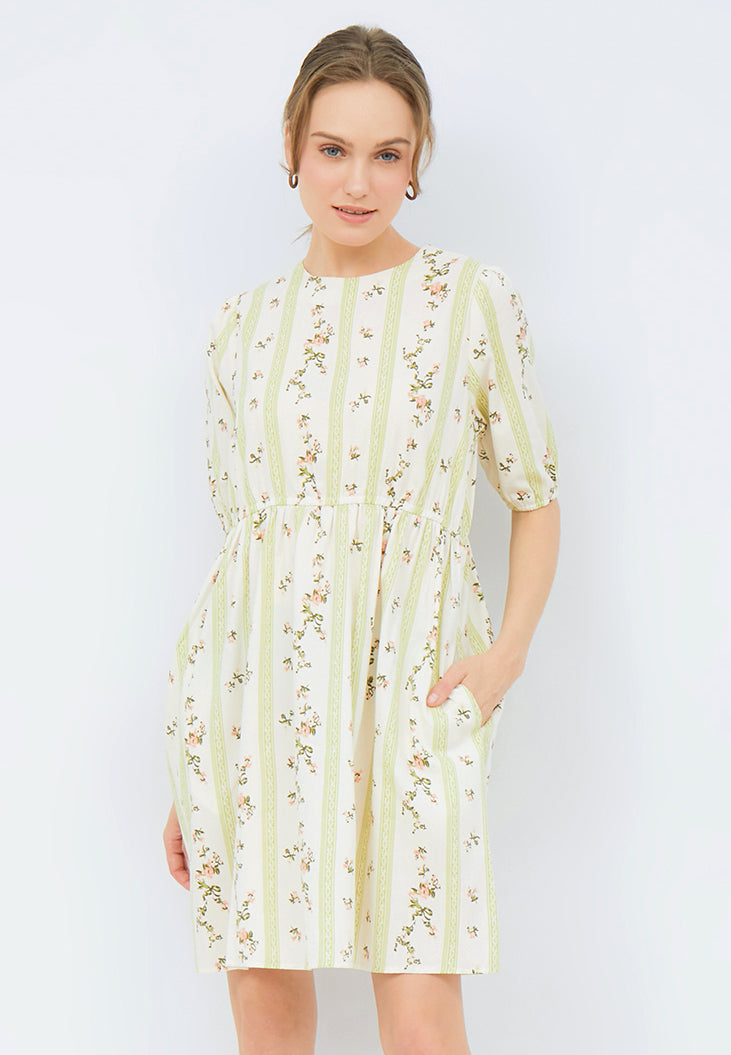 Printed Midi Dress with Puff Sleeves