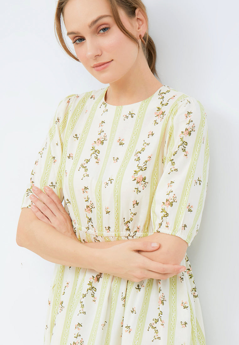 Printed Midi Dress with Puff Sleeves