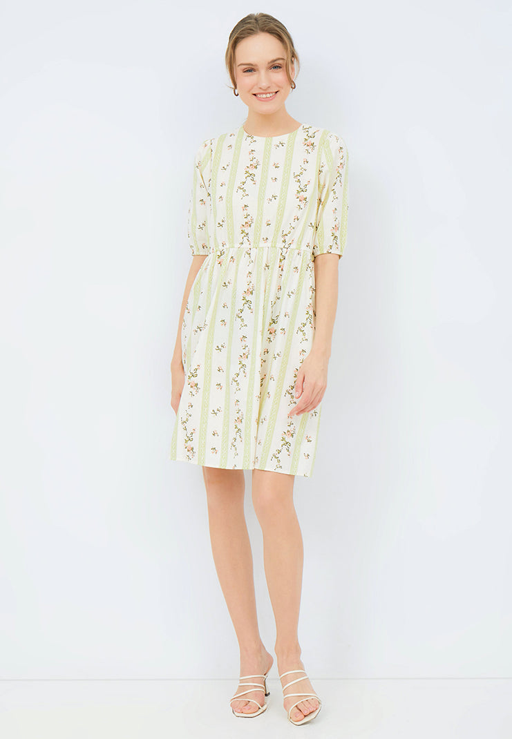 Printed Midi Dress with Puff Sleeves