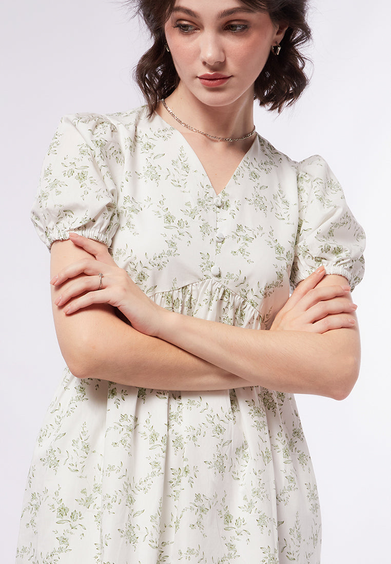 V-Neck Puff Sleeves Mini Dress