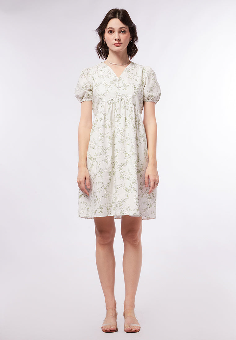 V-Neck Puff Sleeves Mini Dress
