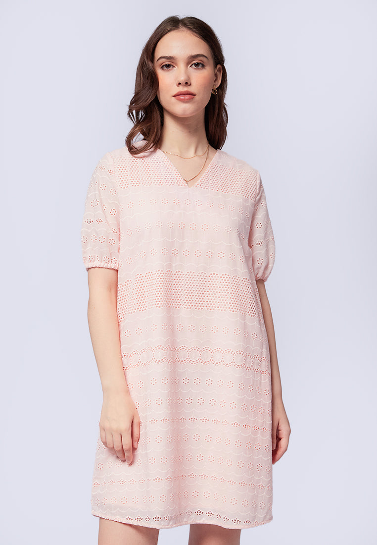 V-Neck Eyelet Mini Dress