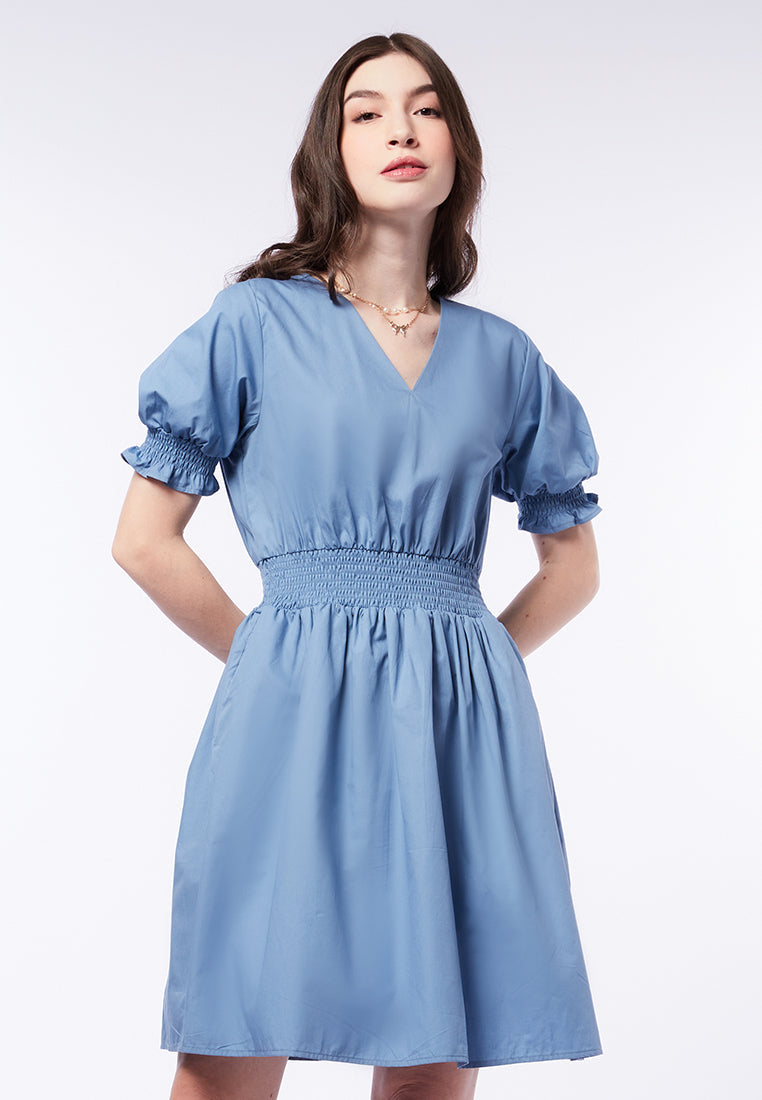 Smocked Detail V-Neck Mini Dress