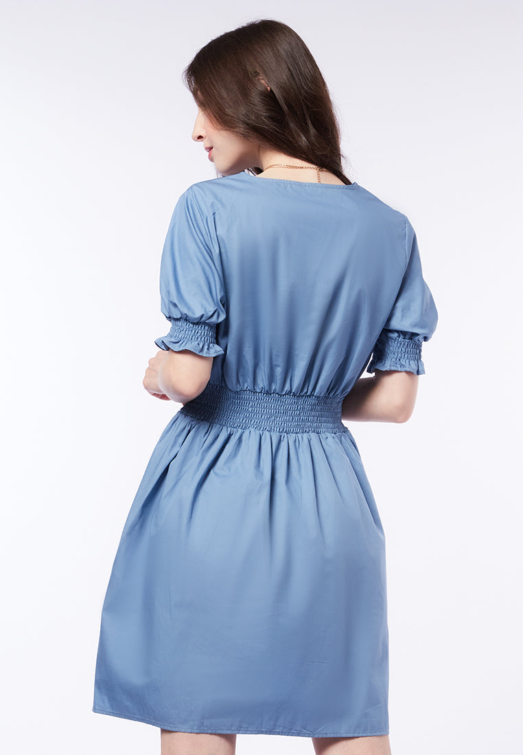 Smocked Detail V-Neck Mini Dress