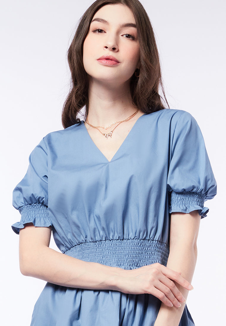 Smocked Detail V-Neck Mini Dress