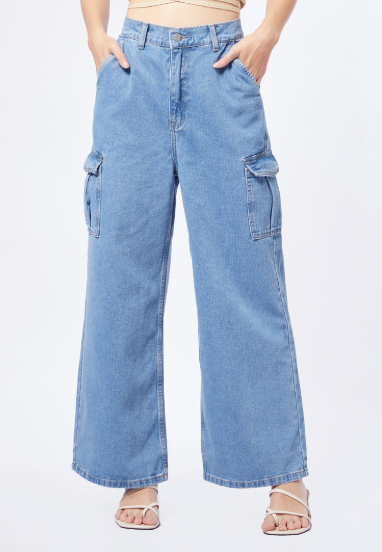 Wide Leg Denim Pants with Cargo Pocket