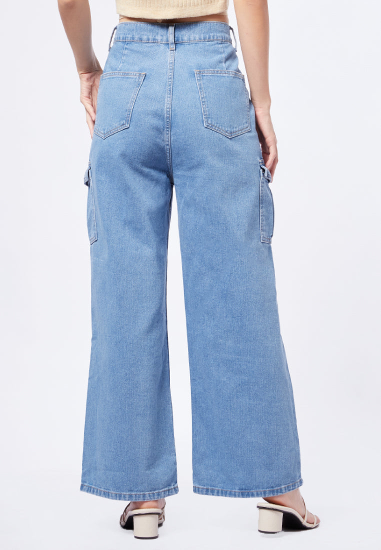 Wide Leg Denim Pants with Cargo Pocket