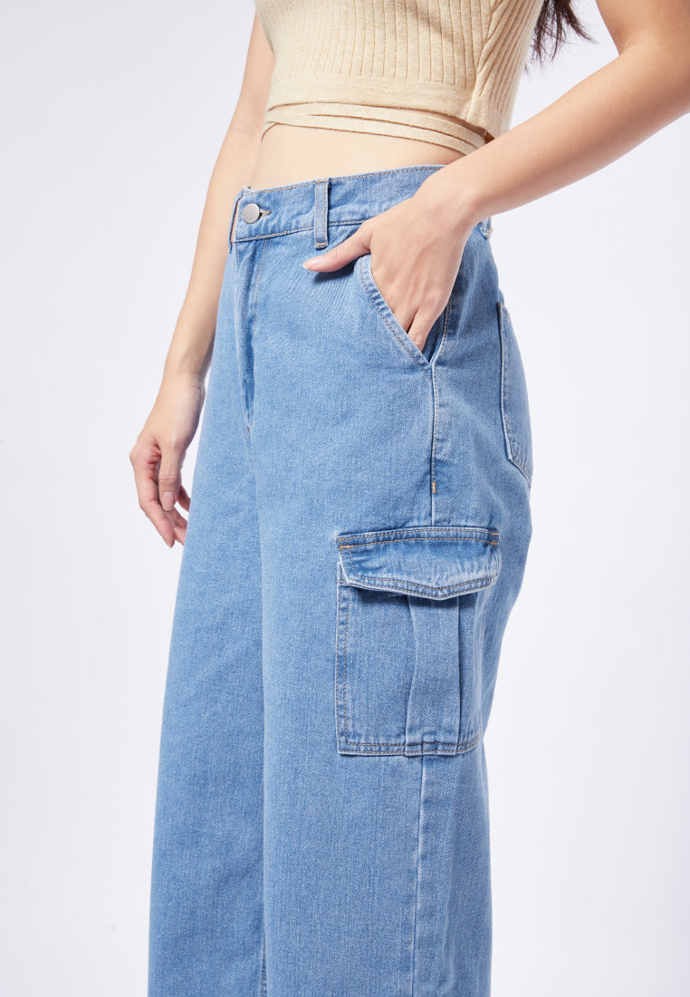Wide Leg Denim Pants with Cargo Pocket