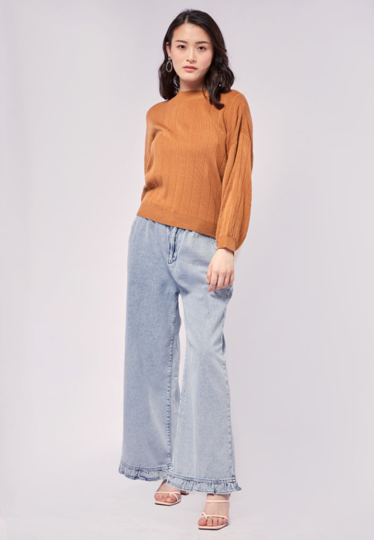 Loose Fit Denim Pants with Ruffle Details
