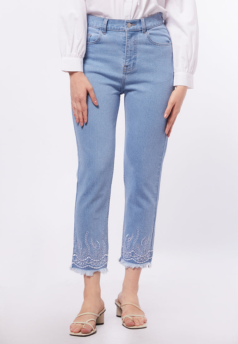 Embroidered High Waist Denim Pants