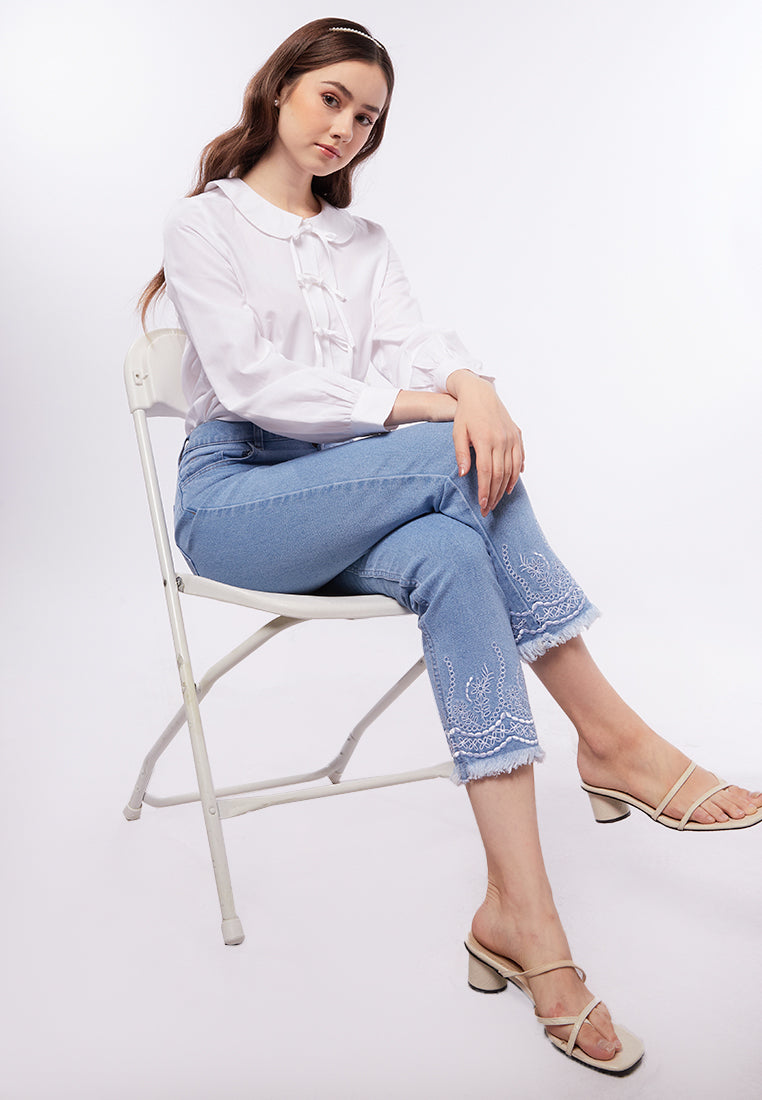 Embroidered High Waist Denim Pants