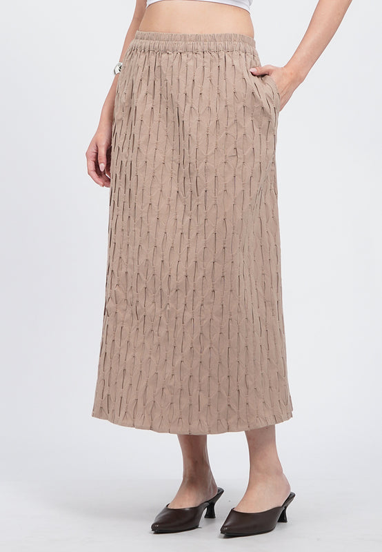Elastic Waist Textured Midi Skirt