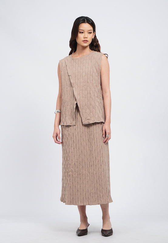 Elastic Waist Textured Midi Skirt
