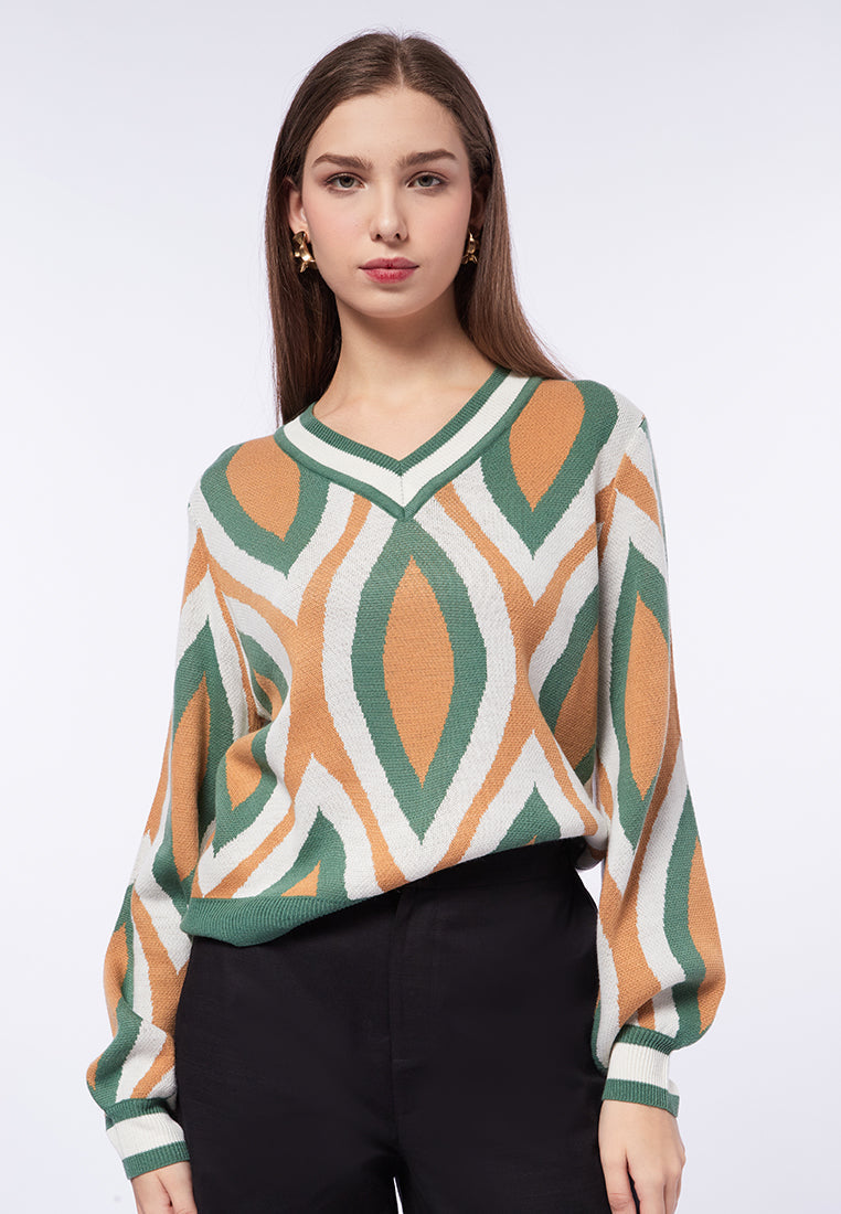 V-Neck Printed Sweater