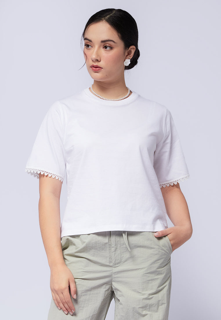 Round Neck T-Shirt with Lace Trim