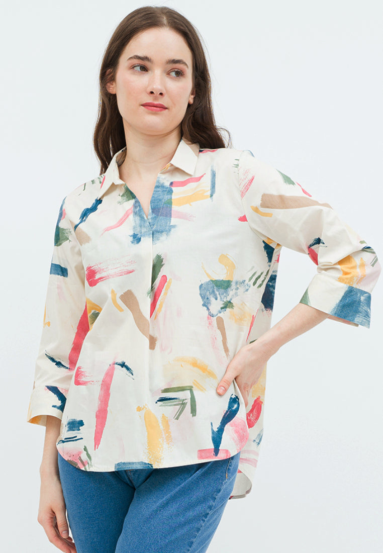 Printed Long Sleeve Blouse with Open Collar