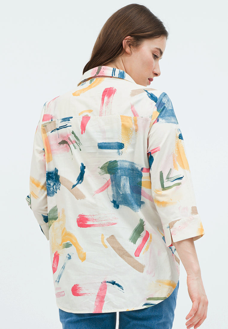 Printed Long Sleeve Blouse with Open Collar