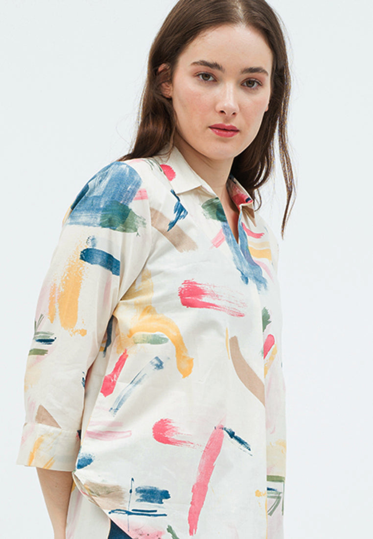 Printed Long Sleeve Blouse with Open Collar
