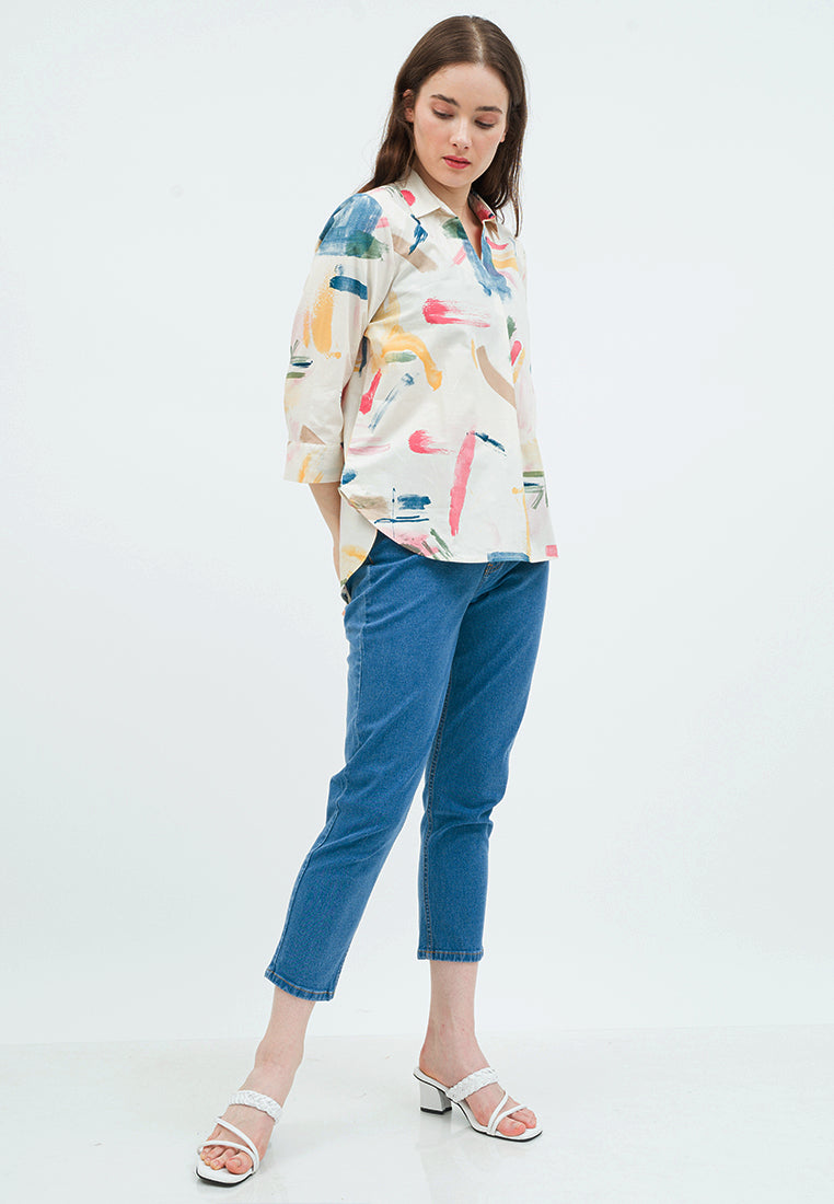 Printed Long Sleeve Blouse with Open Collar