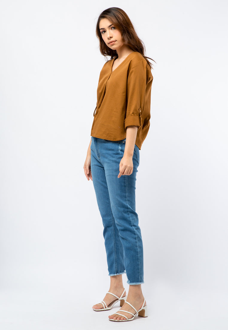V-neck Blouse with Rolled Up Sleeves