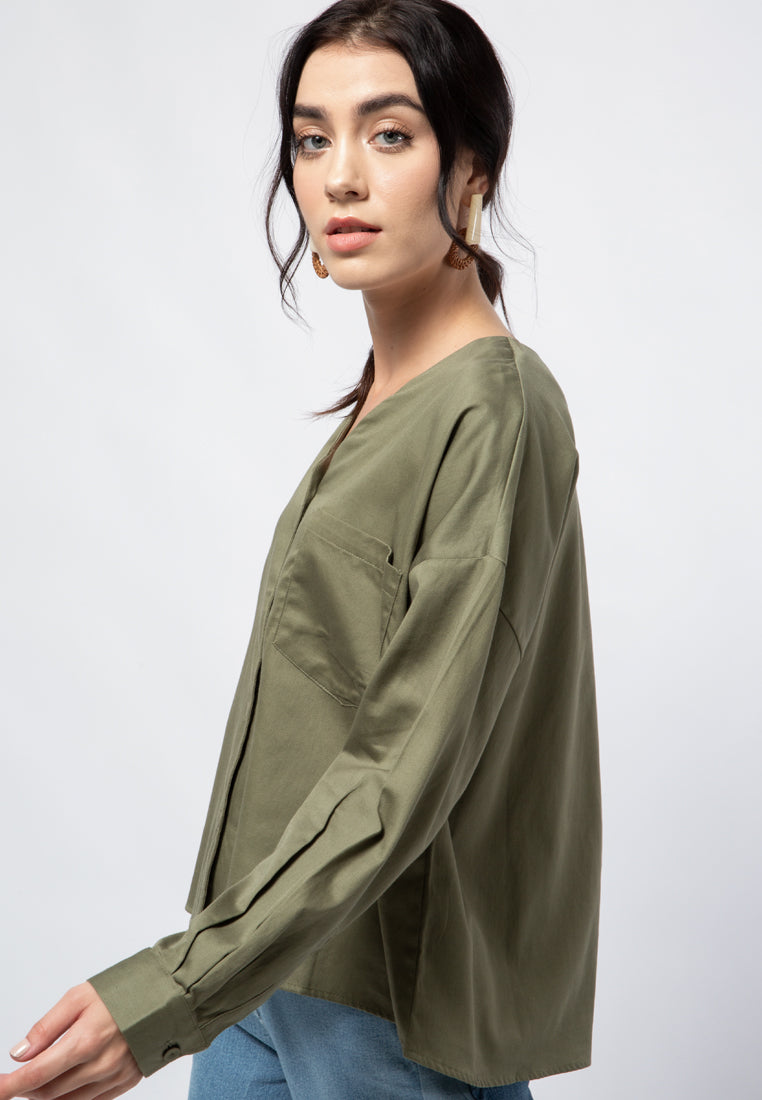 Long Sleeve Blouse with Patch Pocket