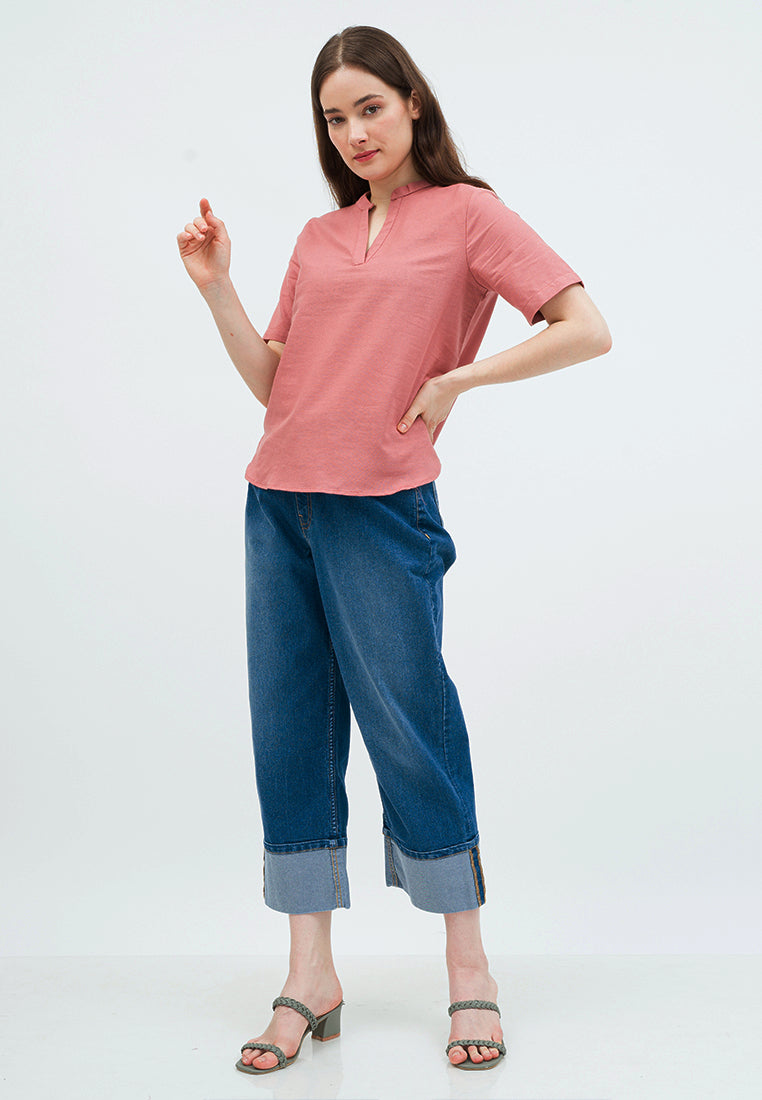 Short Sleeve Blouse with Open Collar