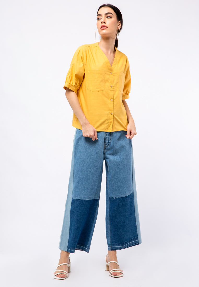 V-neck Puff Sleeves Blouse