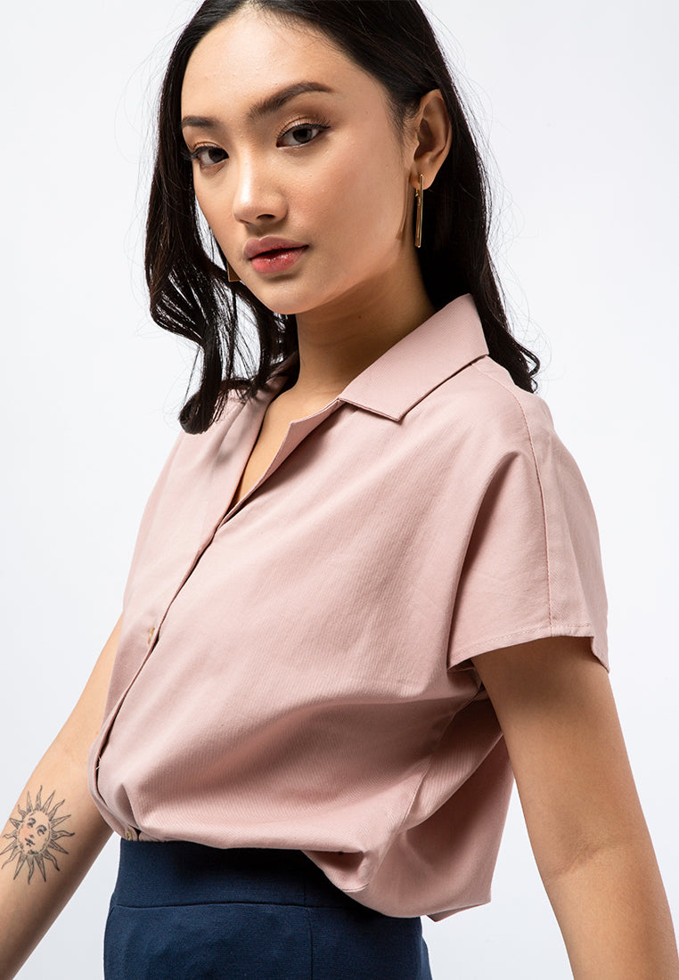 Pyjama Collar Short Sleeve Blouse