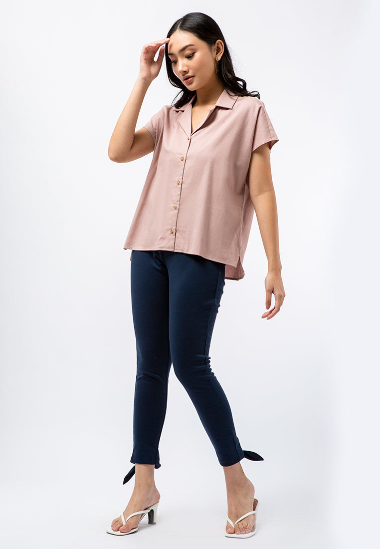 Pyjama Collar Short Sleeve Blouse