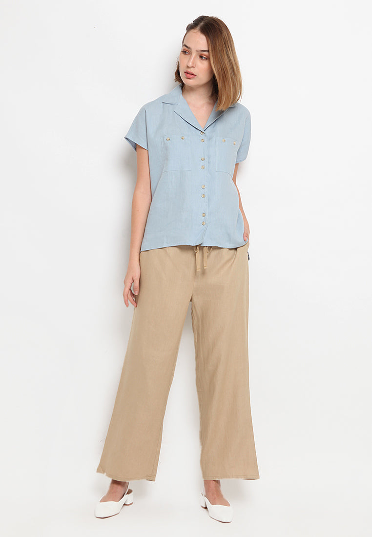 Open Collar Short Sleeve Blouse