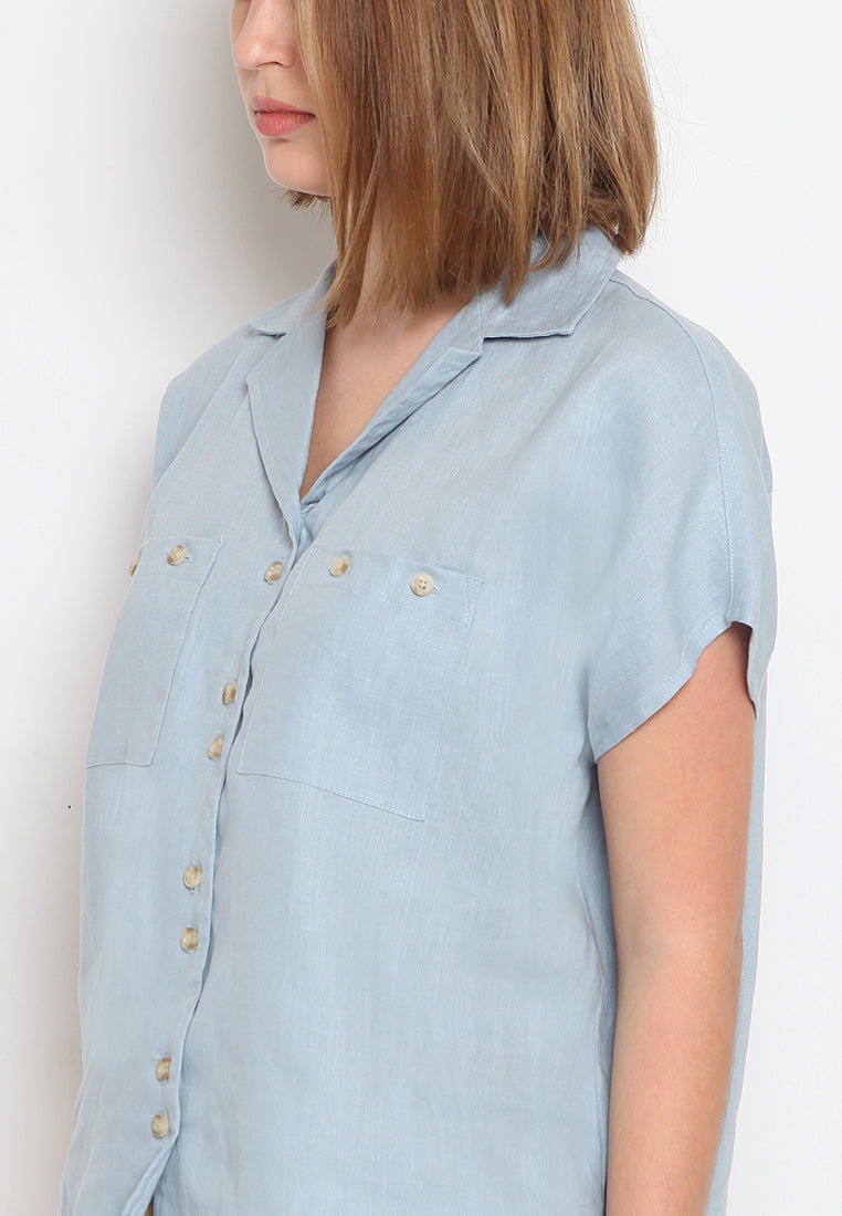 Open Collar Short Sleeve Blouse
