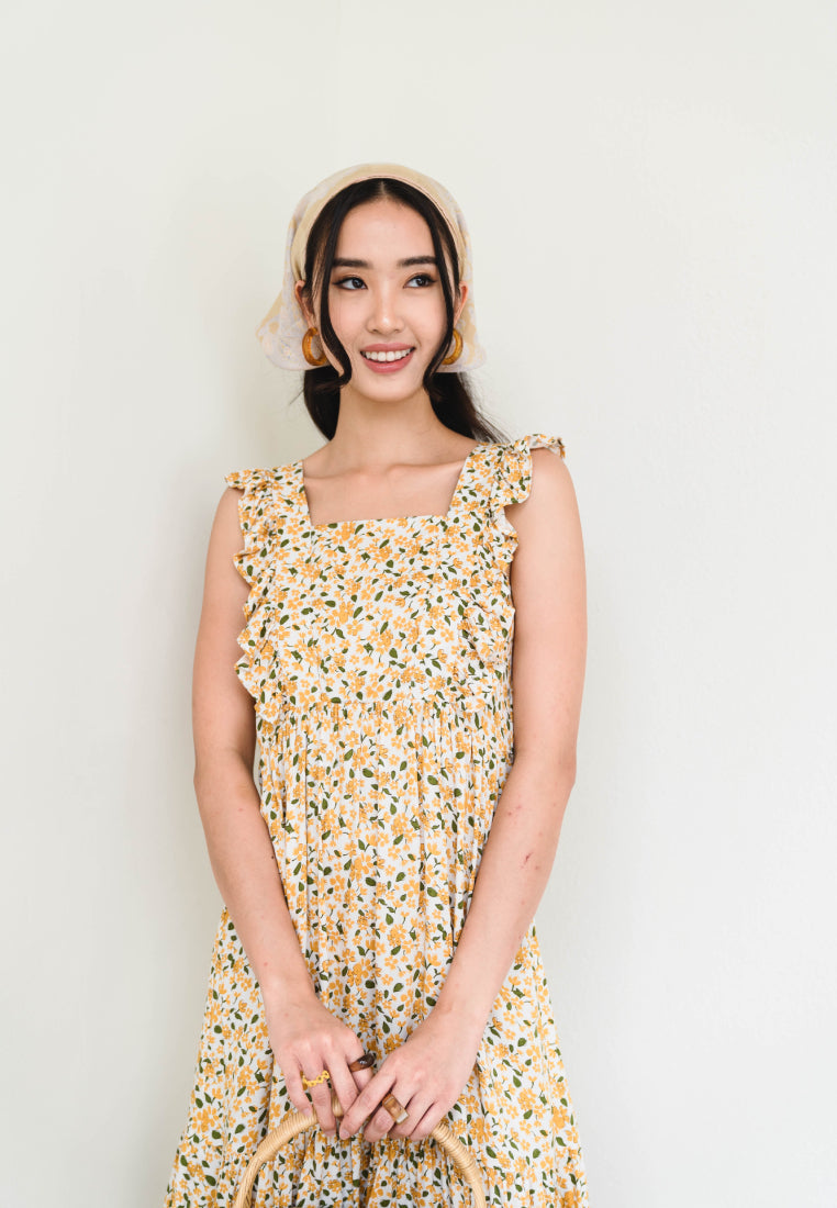 Volume Frill Sleeves Midi Dress