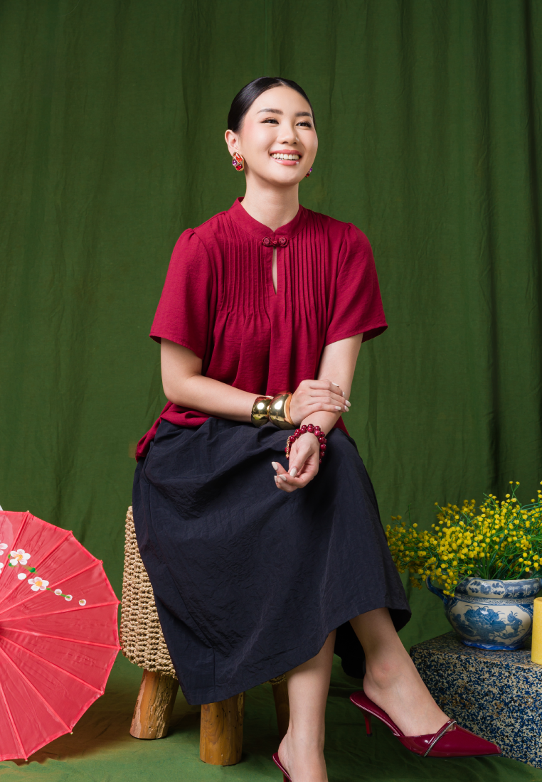 Puff Sleeve Cheongsam Blouse Red
