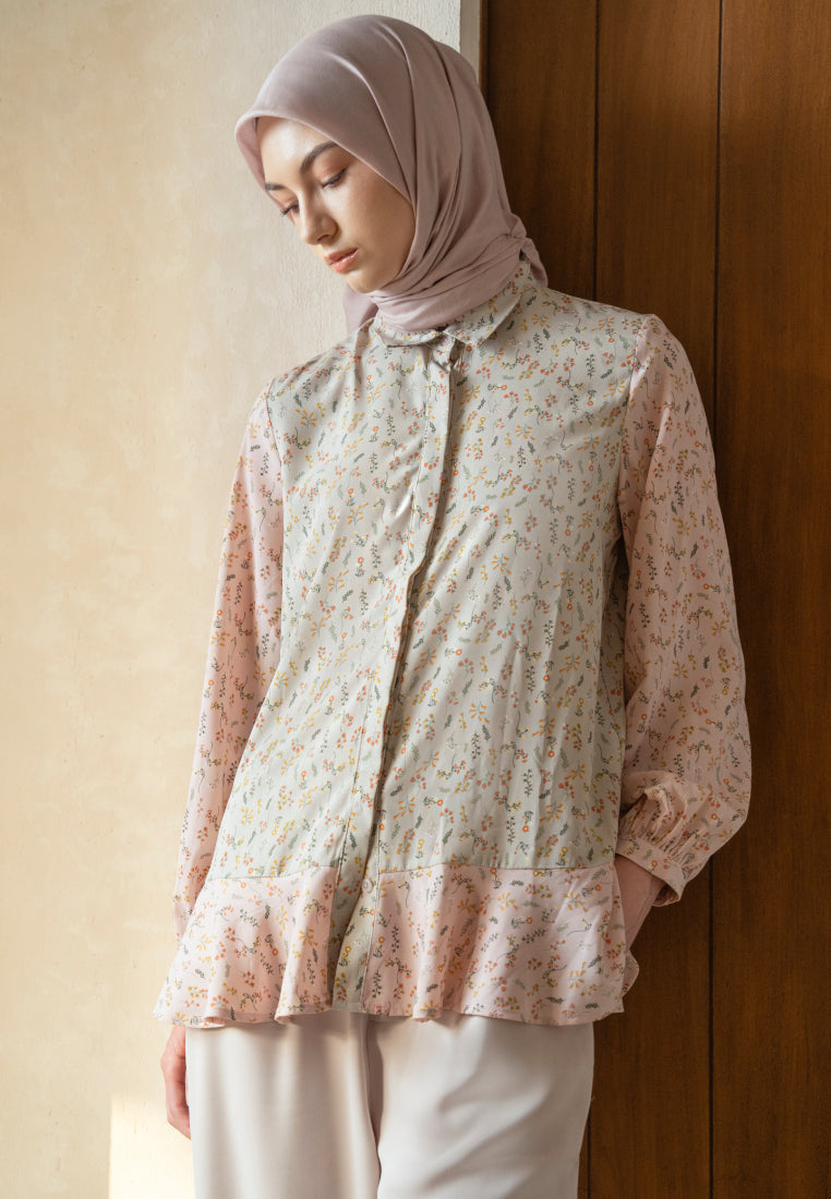 Two Tone Printed Long Sleeve Blouse