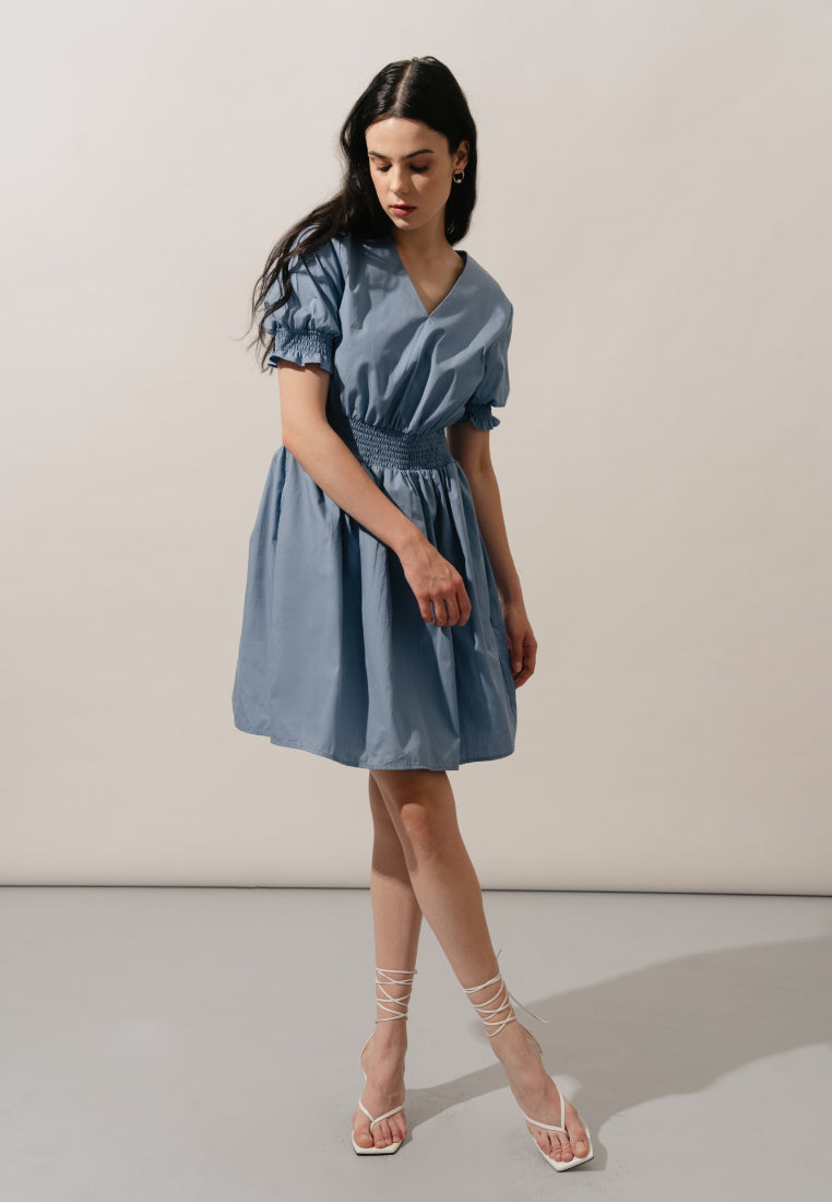 Smocked Detail V-Neck Mini Dress
