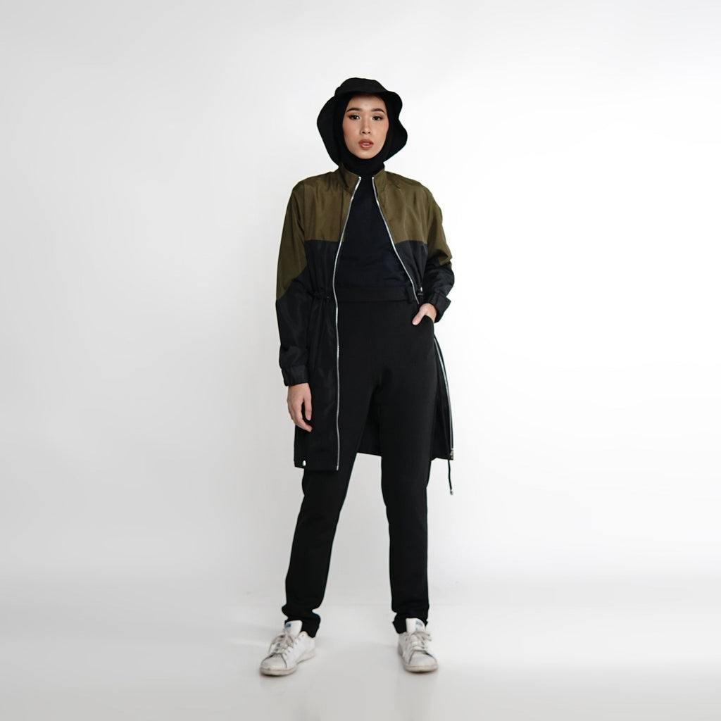 Contrast Color Wind-Breaker Black-Army