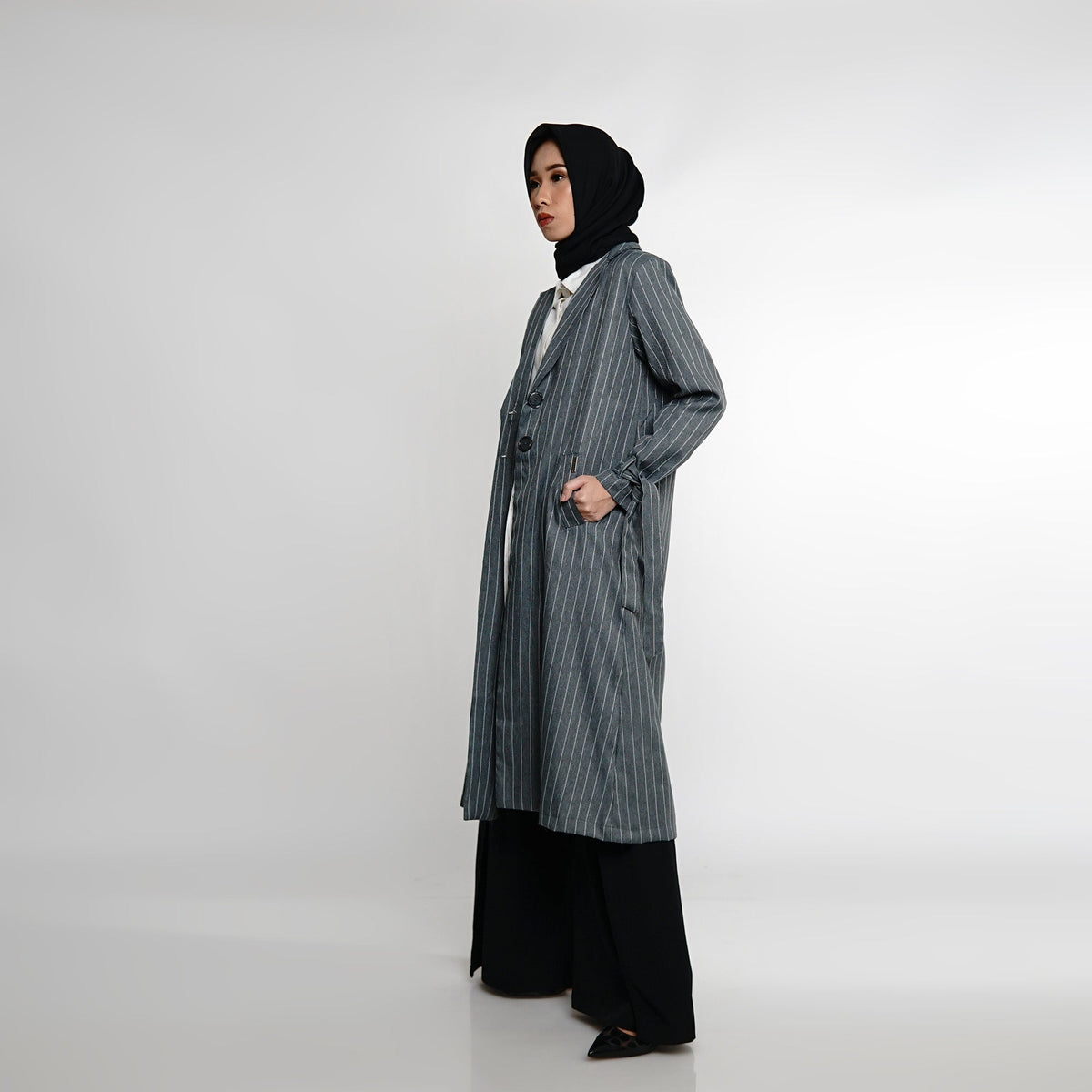 Striped Long Blazer Grey