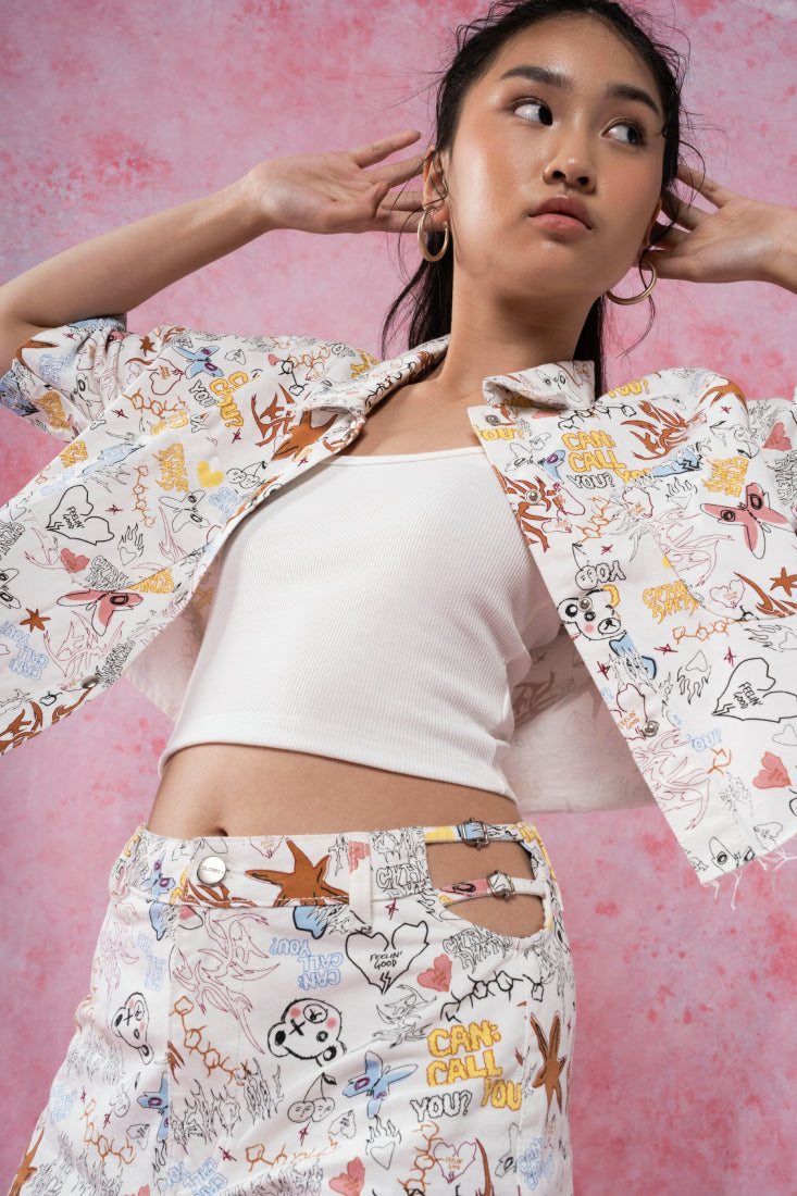 Cut Out Waist Printed Denim Shorts