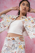 Cut Out Waist Printed Denim Shorts