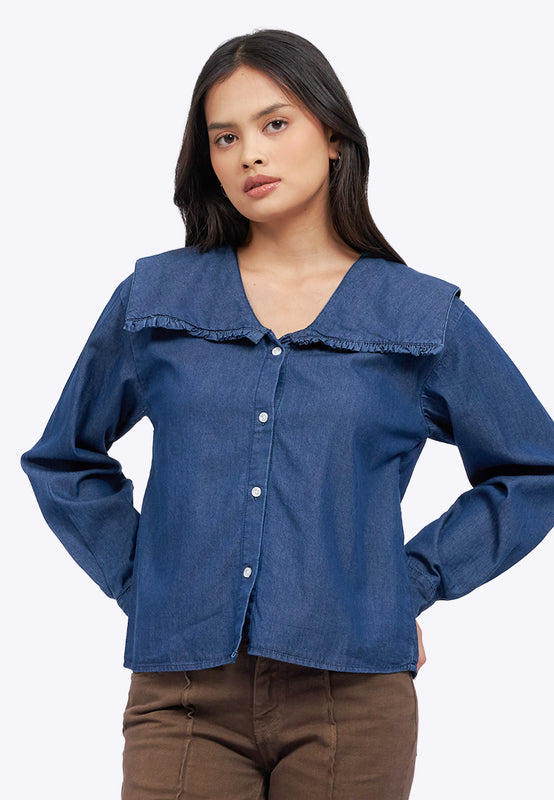 Wide Collar Long Sleeve Denim Blouse