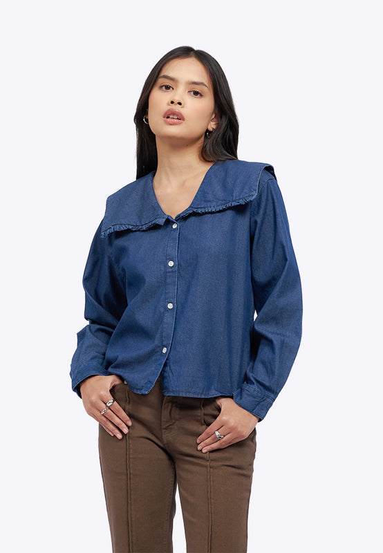 Wide Collar Long Sleeve Denim Blouse