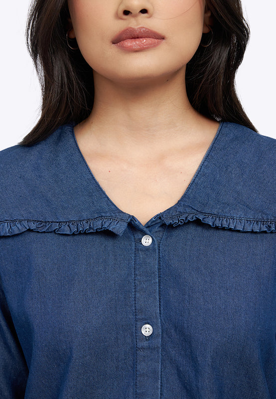 Wide Collar Long Sleeve Denim Blouse