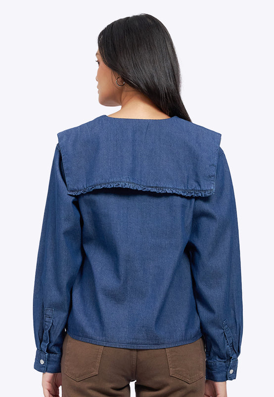 Wide Collar Long Sleeve Denim Blouse