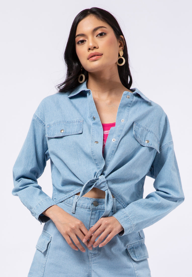 Long Sleeve Knot Denim Blouse