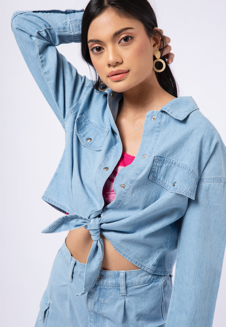 Long Sleeve Knot Denim Blouse