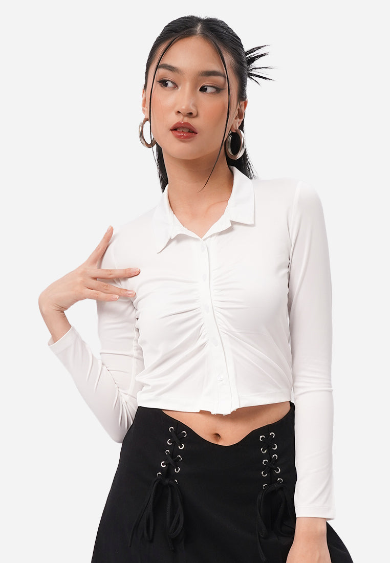 Front Ruched Long Sleeve Shirt Off White