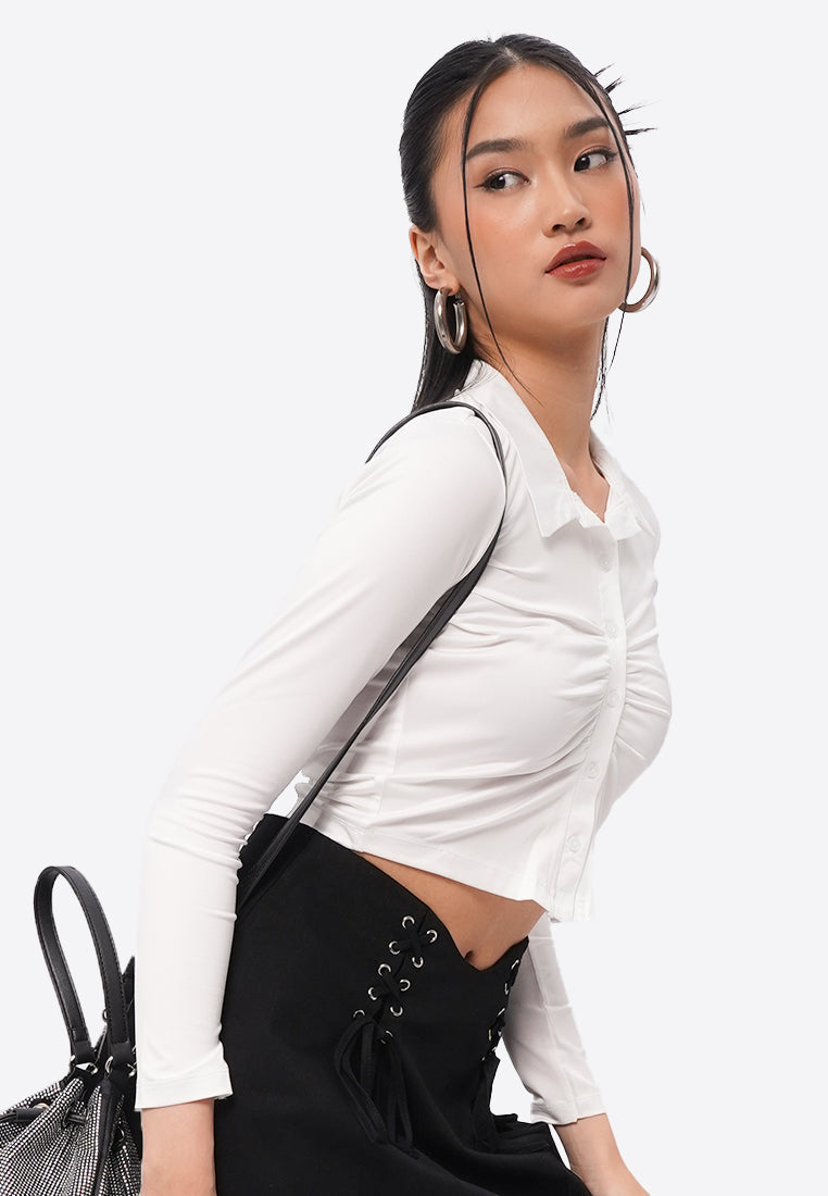 Front Ruched Long Sleeve Shirt Off White